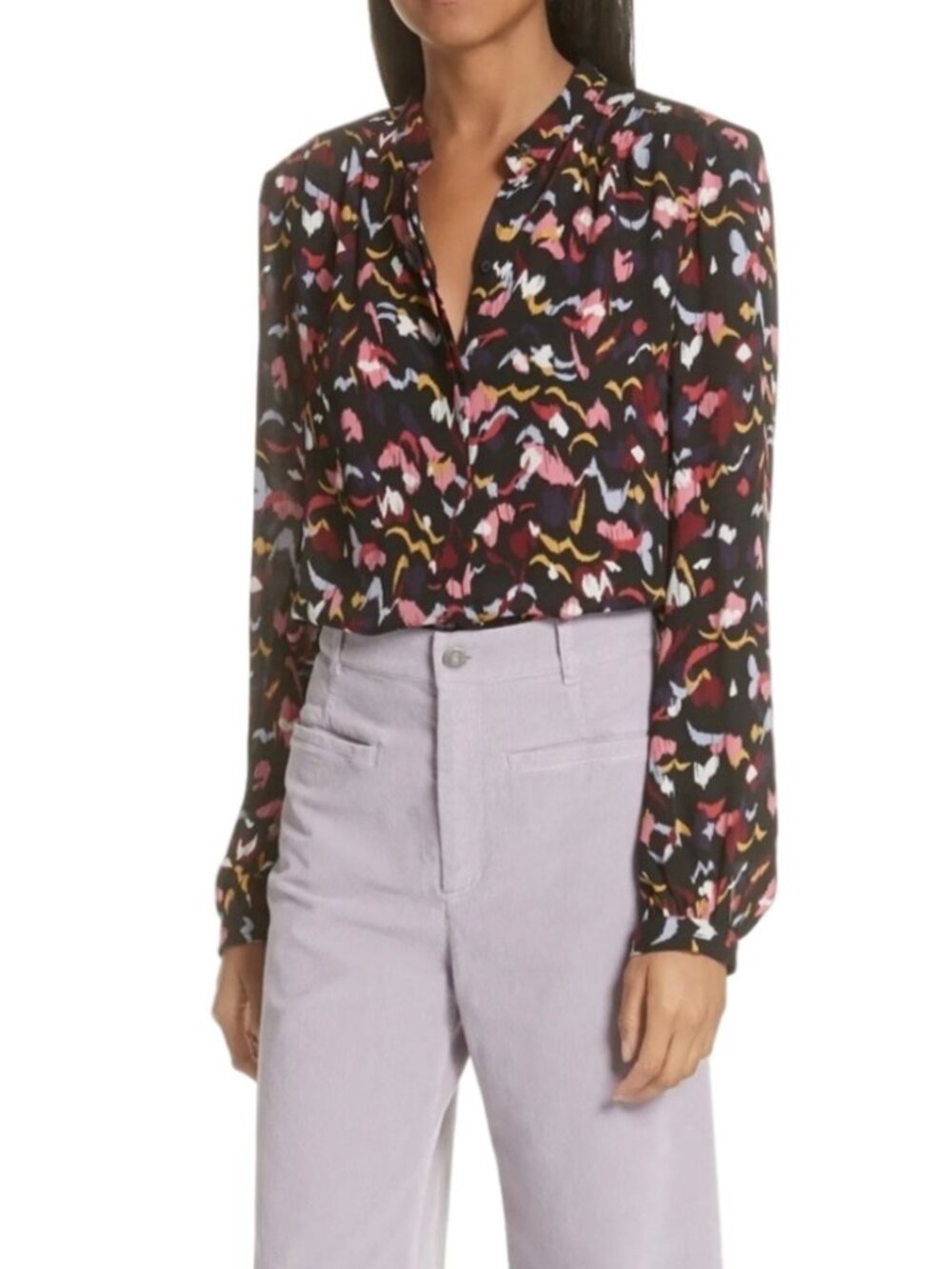 A.L.C. Owens Silk Blouse Floral Long Sleeve Coral Multi Black Size 6